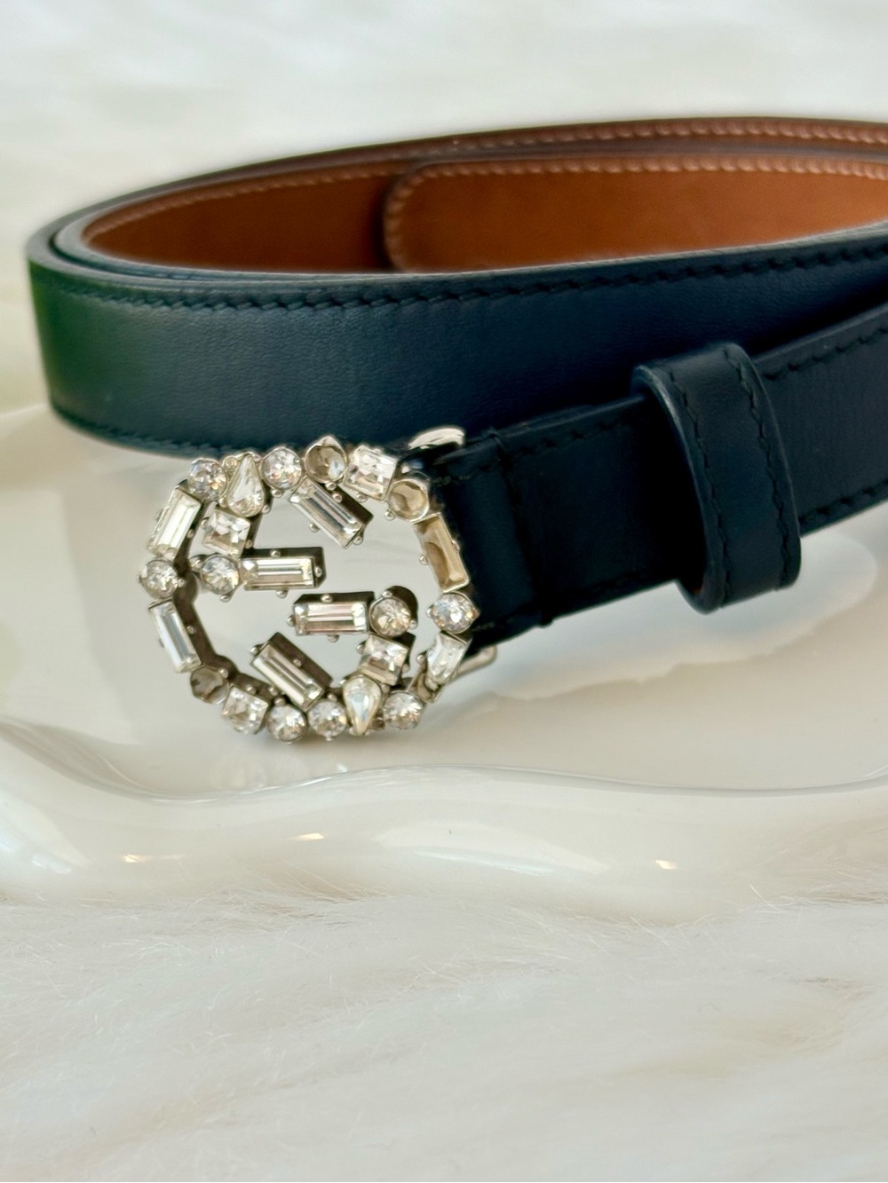 Gucci Black Leather Interlocking Crystal GG Skinny Belt - Picture 4 of 14